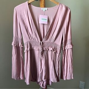 showpo keep your head up playsuit romper long sleeve pink plunge embroidered 10
